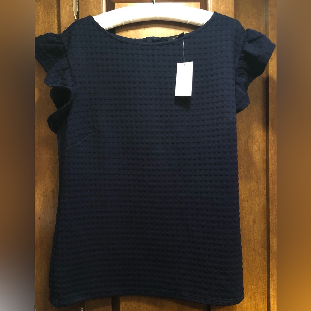 NWT Banana Republic Stretch Waffle Top Ruffle Sleeves Navy L